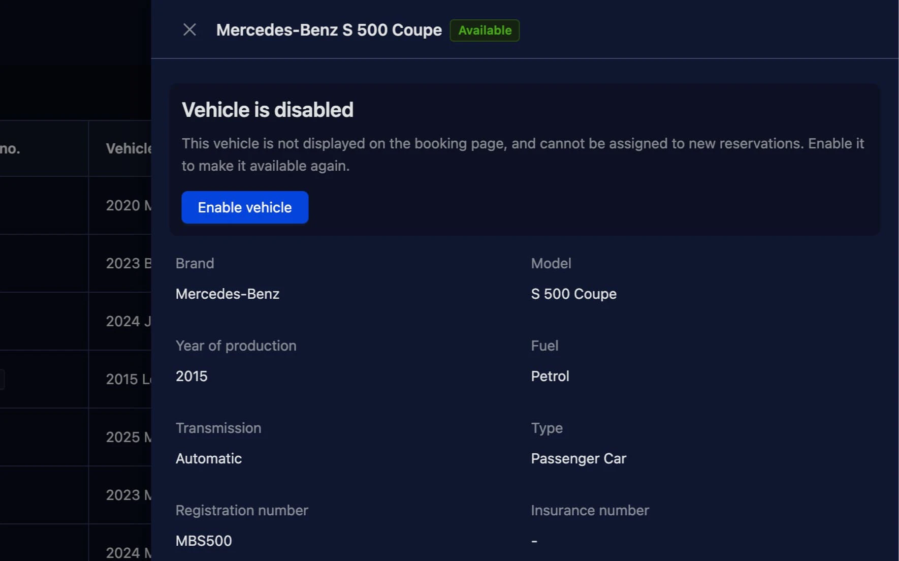 Screenshot - Inactive Vehicles