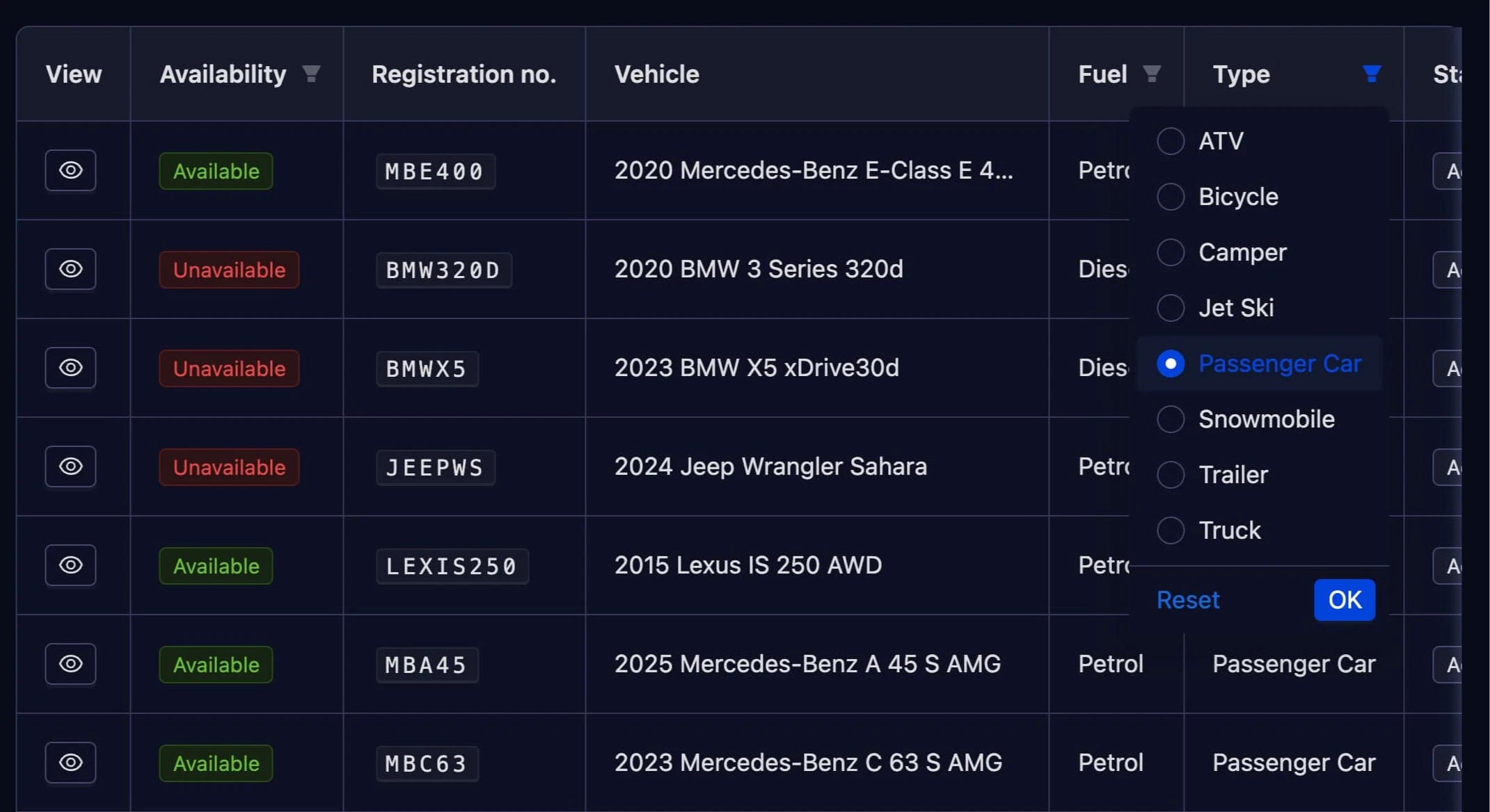 Screenshot - Vehicle Type Filter